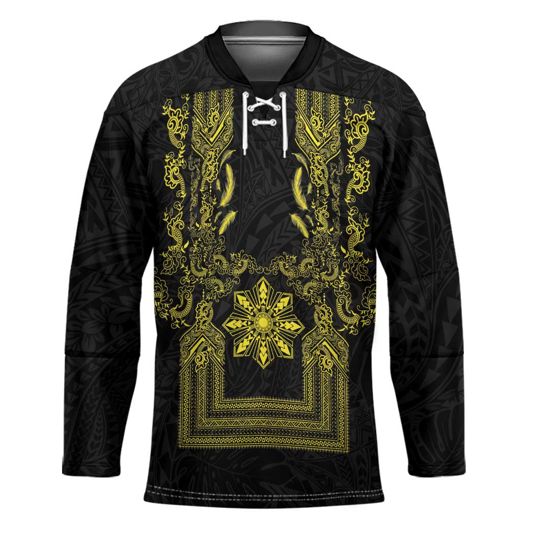 Philippines Barong Style Hockey Jersey with Polynesian Art and Leaf Motif Black-Gold Color LT03 Unisex Black - Polynesian Pride