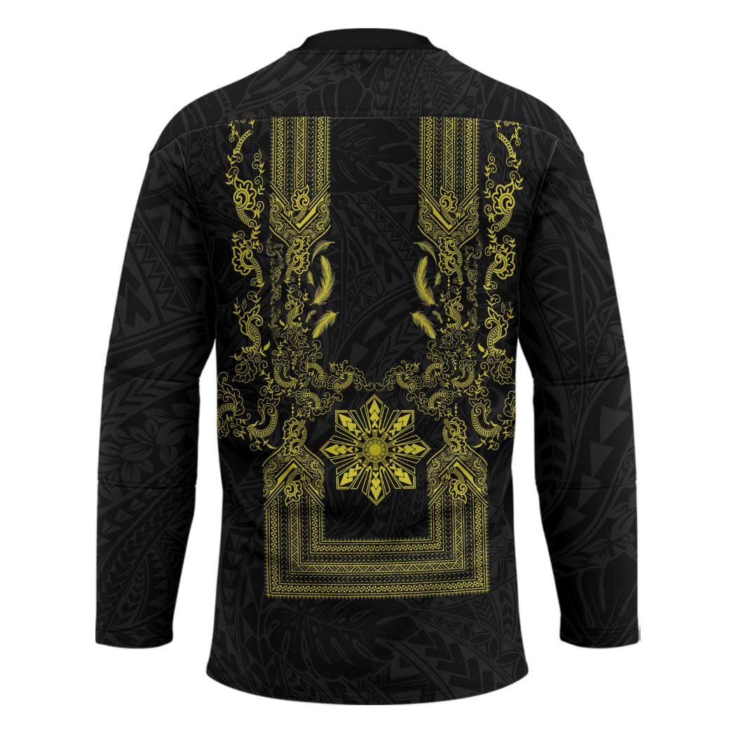 Philippines Barong Style Hockey Jersey with Polynesian Art and Leaf Motif Black-Gold Color LT03 - Polynesian Pride