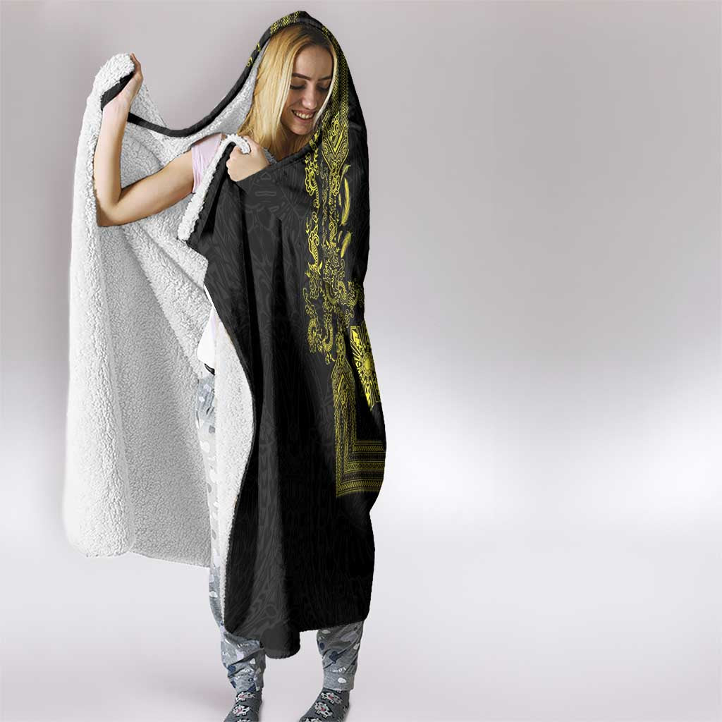 Philippines Barong Style Hooded Blanket with Polynesian Art and Leaf Motif Black-Gold Color LT03 - Polynesian Pride