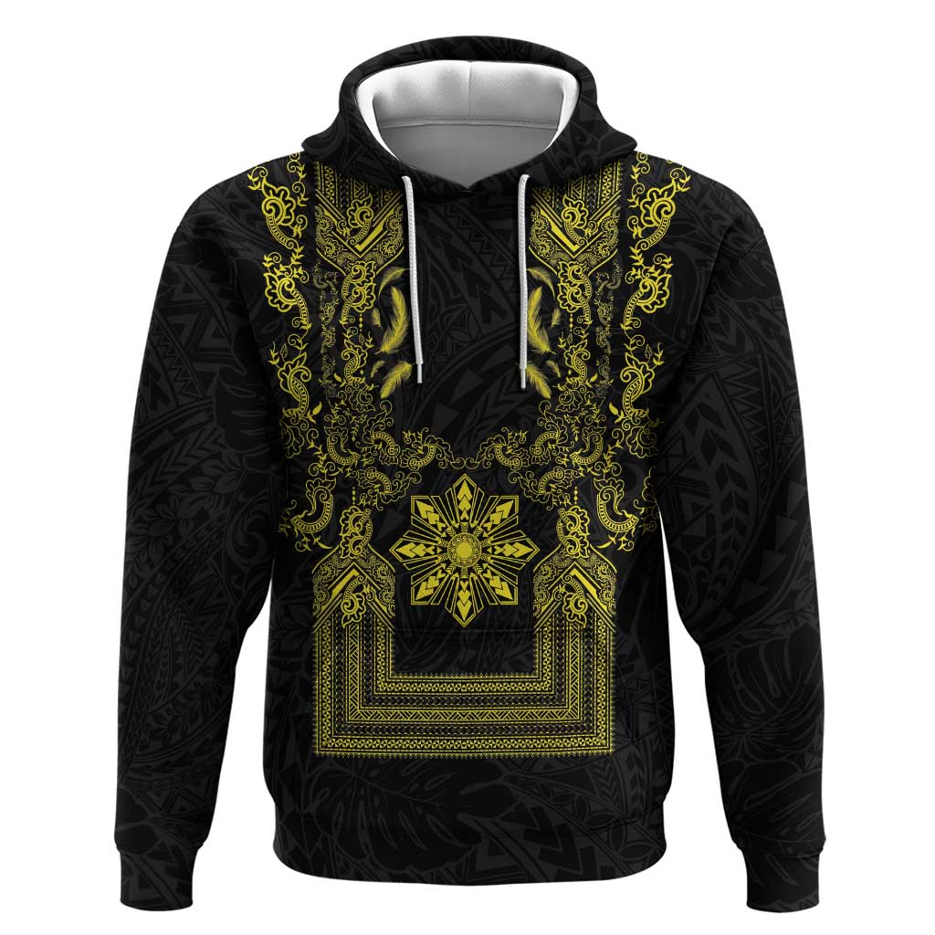 Philippines Barong Style Hoodie with Polynesian Art and Leaf Motif Black-Gold Color LT03 Pullover Hoodie Black - Polynesian Pride