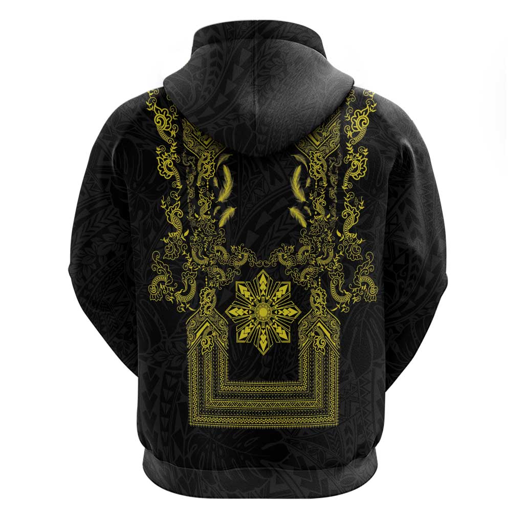Philippines Barong Style Hoodie with Polynesian Art and Leaf Motif Black-Gold Color LT03 - Polynesian Pride