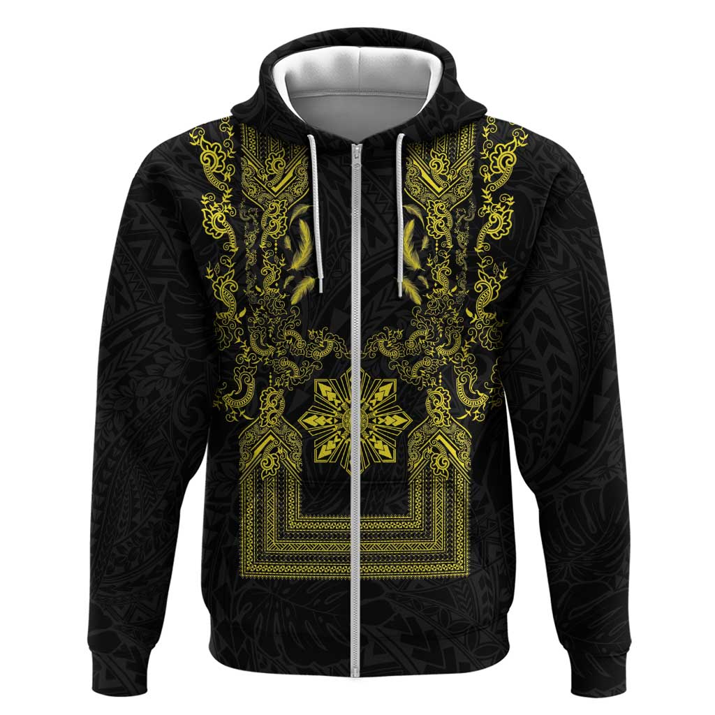 Philippines Barong Style Hoodie with Polynesian Art and Leaf Motif Black-Gold Color LT03 Zip Hoodie Black - Polynesian Pride
