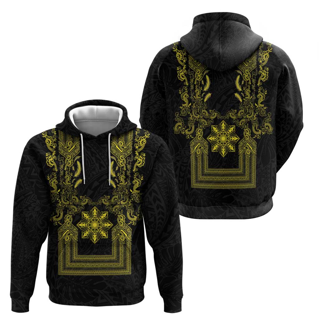 Philippines Barong Style Hoodie with Polynesian Art and Leaf Motif Black-Gold Color LT03 - Polynesian Pride
