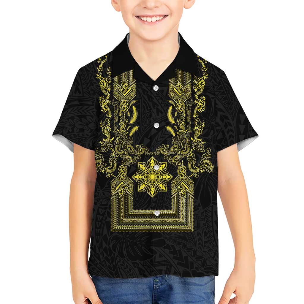 Philippines Barong Style Kid Hawaiian Shirt with Polynesian Art and Leaf Motif Black-Gold Color LT03 Kid Black - Polynesian Pride