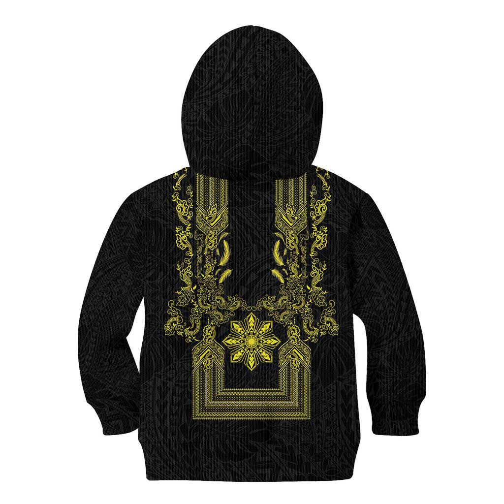 Philippines Barong Style Kid Hoodie with Polynesian Art and Leaf Motif Black-Gold Color LT03 - Polynesian Pride