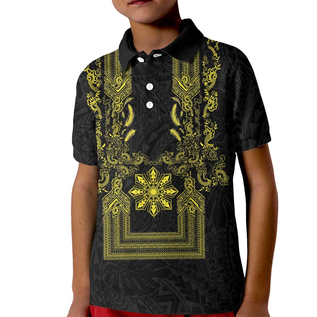 Philippines Barong Style Kid Polo Shirt with Polynesian Art and Leaf Motif Black-Gold Color LT03 Kid Black - Polynesian Pride