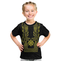 Philippines Barong Style Kid T Shirt with Polynesian Art and Leaf Motif Black-Gold Color LT03 Black - Polynesian Pride