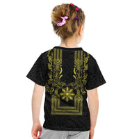Philippines Barong Style Kid T Shirt with Polynesian Art and Leaf Motif Black-Gold Color LT03 - Polynesian Pride