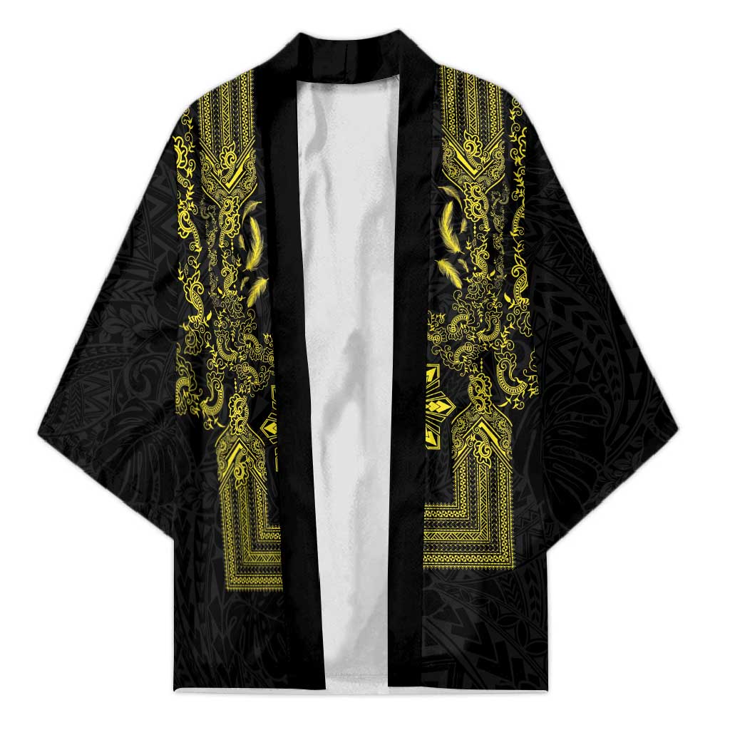 Philippines Barong Style Kimono with Polynesian Art and Leaf Motif Black-Gold Color
