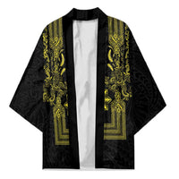 Philippines Barong Style Kimono with Polynesian Art and Leaf Motif Black-Gold Color