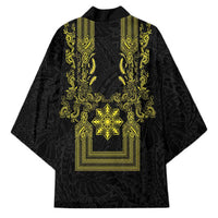 Philippines Barong Style Kimono with Polynesian Art and Leaf Motif Black-Gold Color