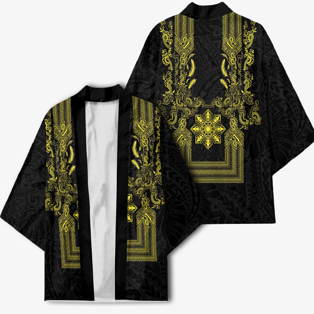 Philippines Barong Style Kimono with Polynesian Art and Leaf Motif Black-Gold Color
