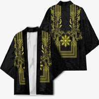 Philippines Barong Style Kimono with Polynesian Art and Leaf Motif Black-Gold Color