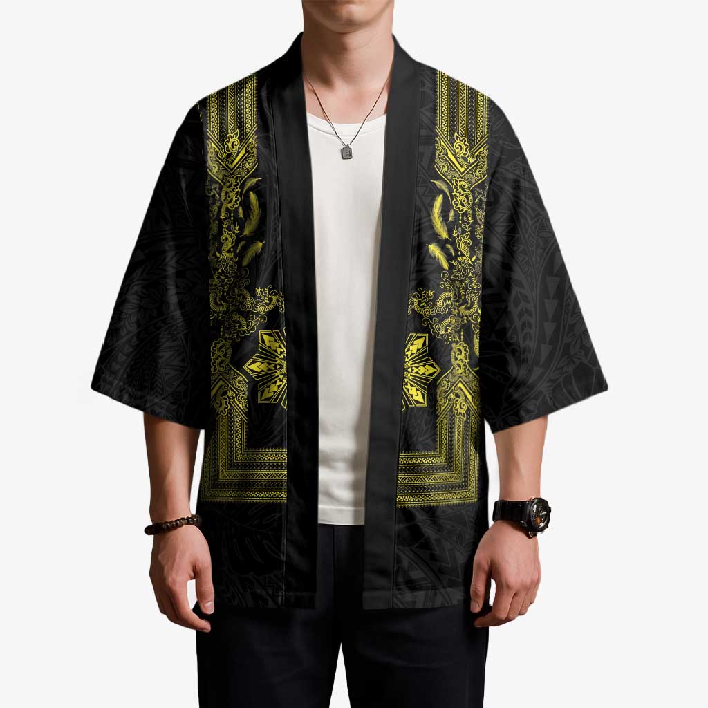 Philippines Barong Style Kimono with Polynesian Art and Leaf Motif Black-Gold Color