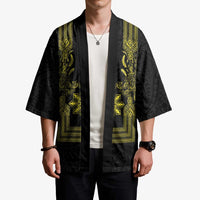 Philippines Barong Style Kimono with Polynesian Art and Leaf Motif Black-Gold Color