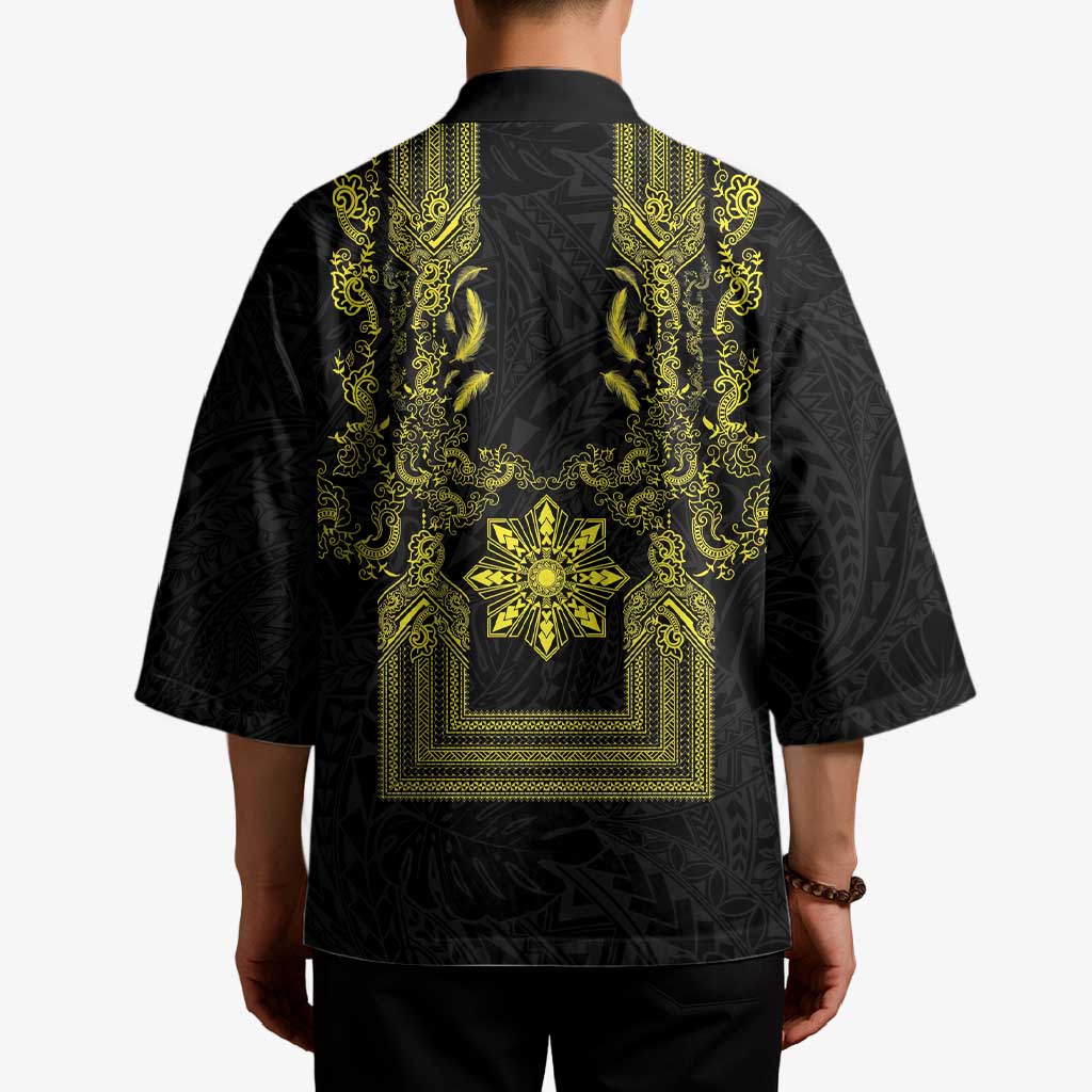 Philippines Barong Style Kimono with Polynesian Art and Leaf Motif Black-Gold Color
