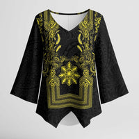Philippines Barong Style Kimono Sleeve Blouse with Polynesian Art and Leaf Motif Black-Gold Color