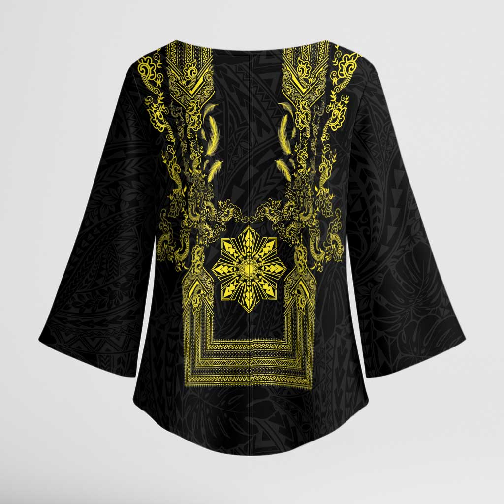 Philippines Barong Style Kimono Sleeve Blouse with Polynesian Art and Leaf Motif Black-Gold Color