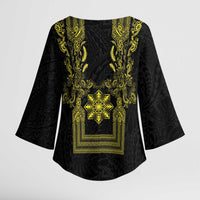 Philippines Barong Style Kimono Sleeve Blouse with Polynesian Art and Leaf Motif Black-Gold Color