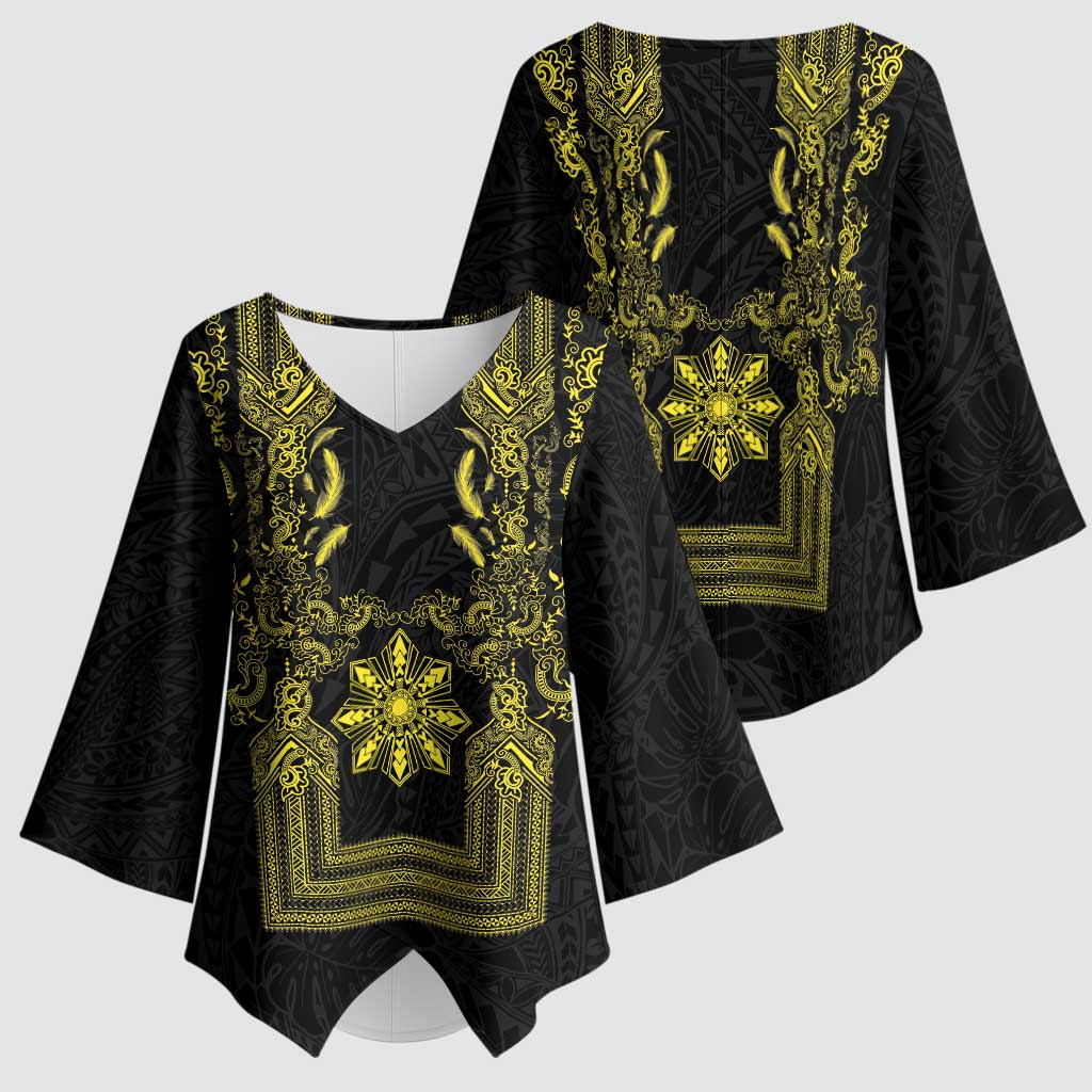 Philippines Barong Style Kimono Sleeve Blouse with Polynesian Art and Leaf Motif Black-Gold Color