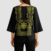 Philippines Barong Style Kimono Sleeve Blouse with Polynesian Art and Leaf Motif Black-Gold Color