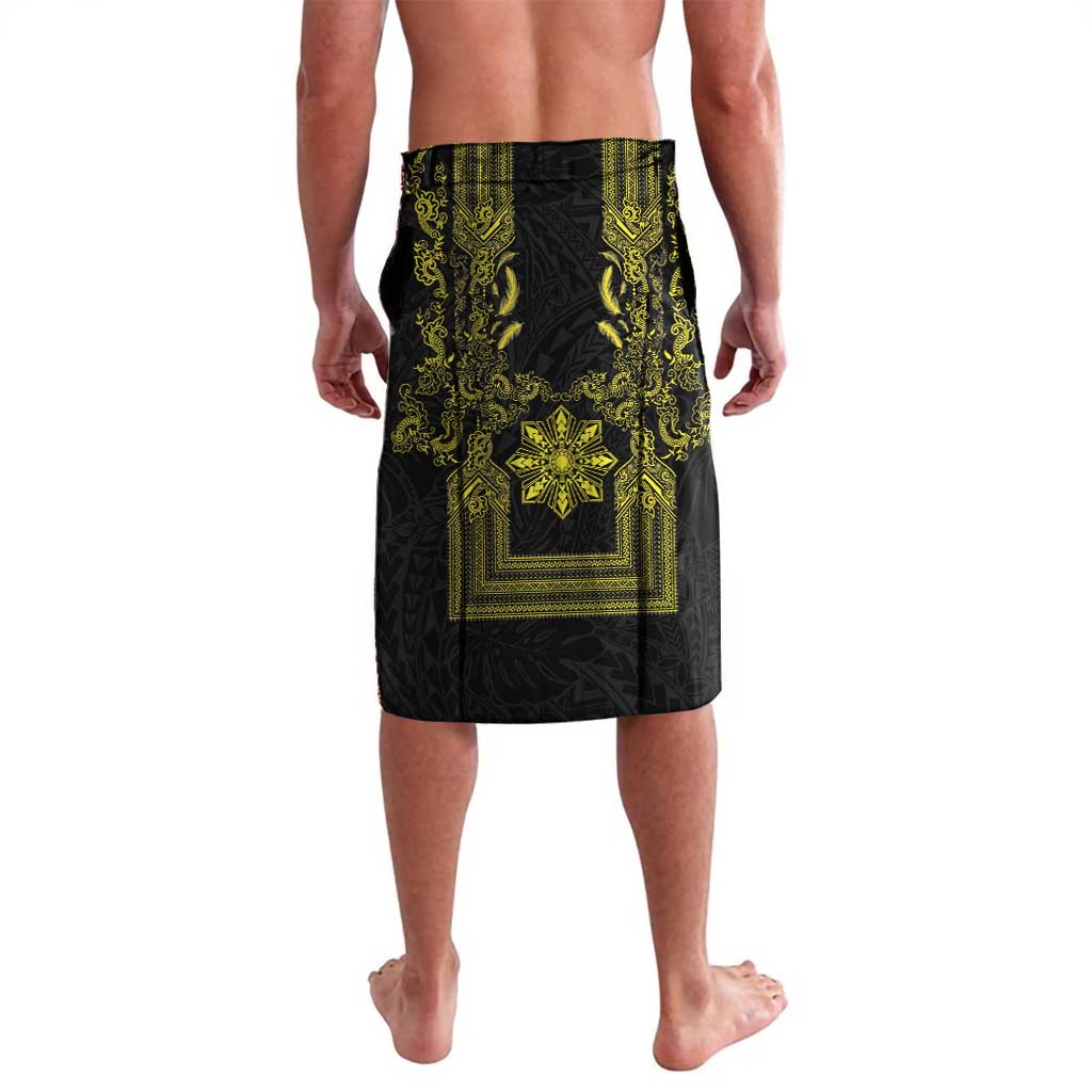 Philippines Barong Style Lavalava with Polynesian Art and Leaf Motif Black-Gold Color LT03 - Polynesian Pride