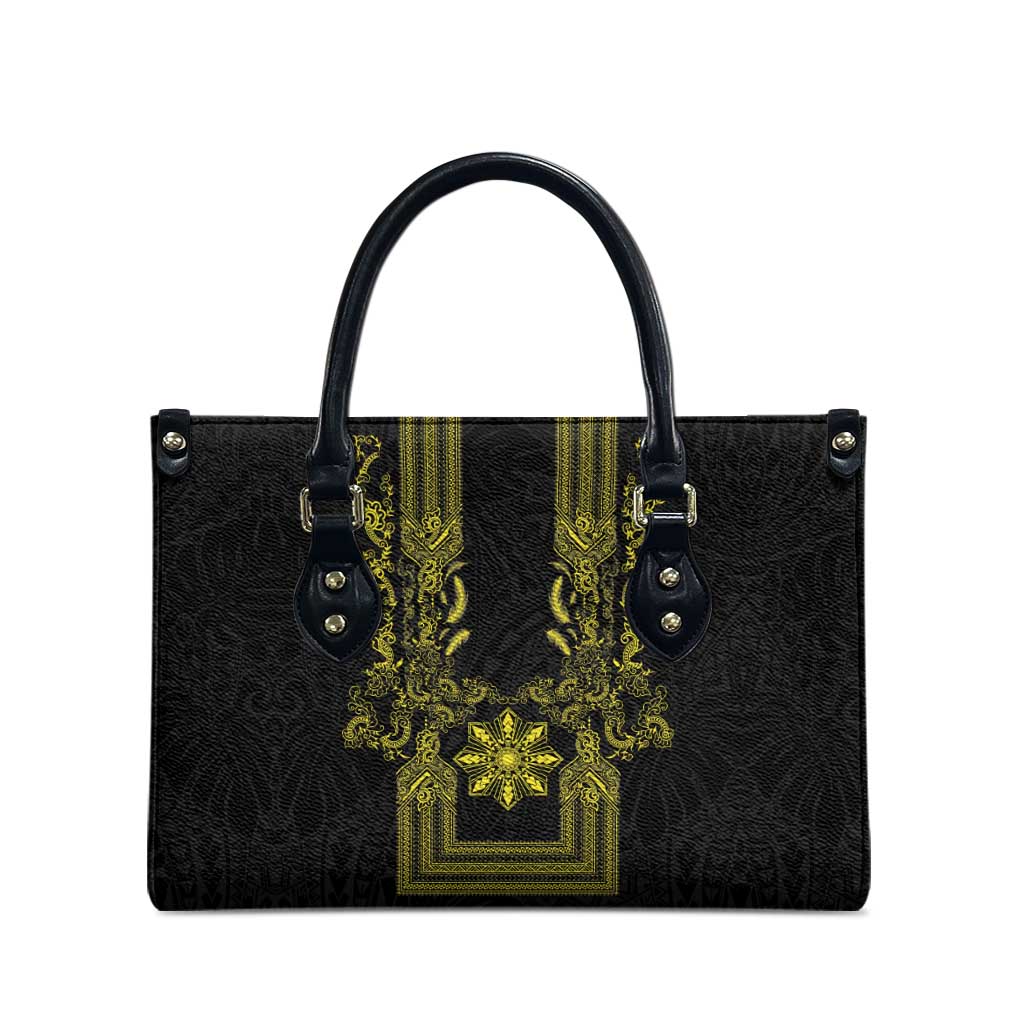 Philippines Barong Style Leather Bag with Polynesian Art and Leaf Motif Black-Gold Color LT03 - Polynesian Pride