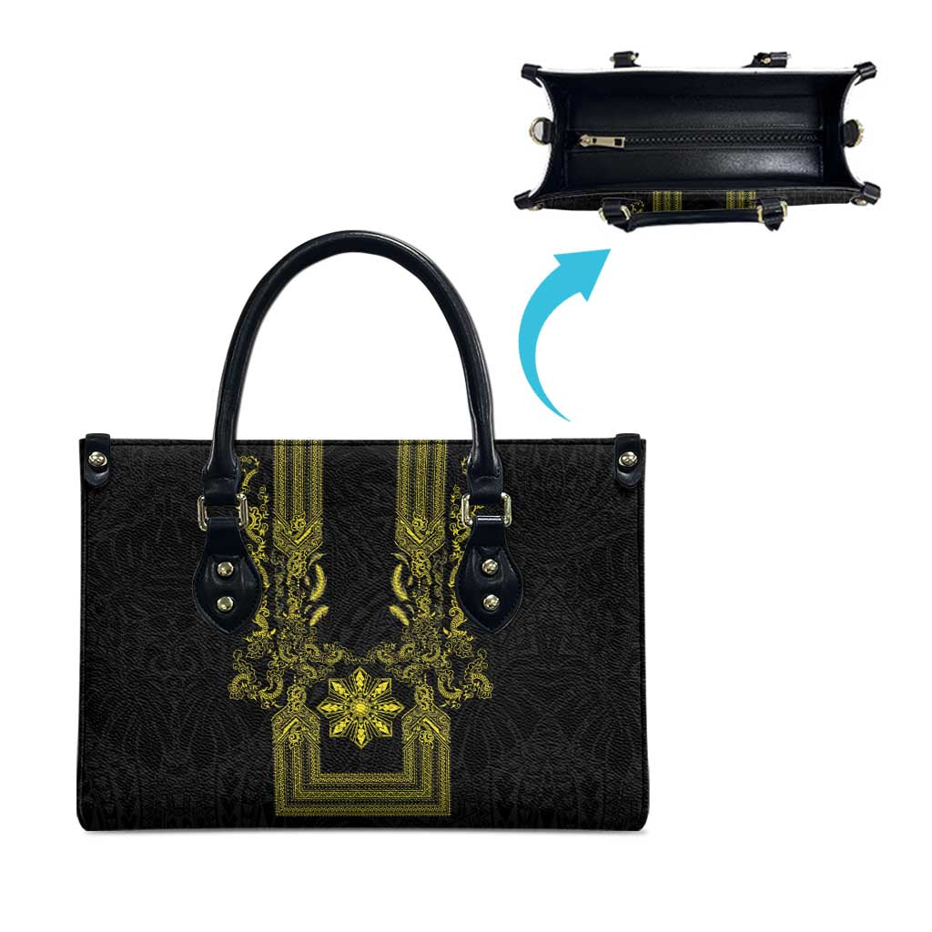 Philippines Barong Style Leather Bag with Polynesian Art and Leaf Motif Black-Gold Color LT03 - Polynesian Pride
