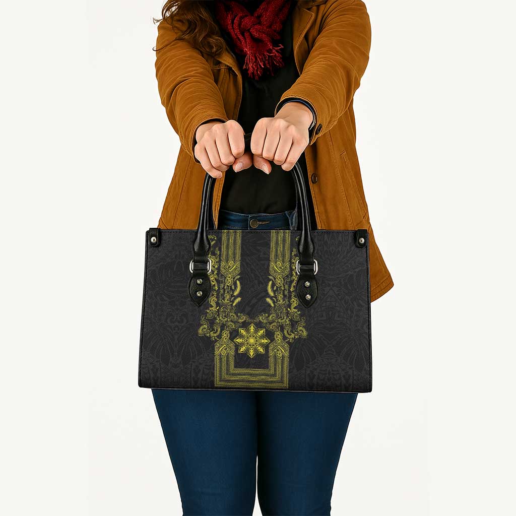 Philippines Barong Style Leather Bag with Polynesian Art and Leaf Motif Black-Gold Color LT03 - Polynesian Pride