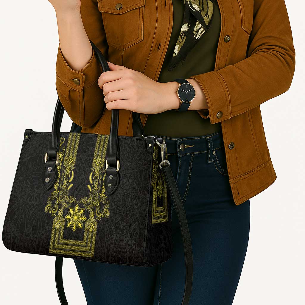 Philippines Barong Style Leather Bag with Polynesian Art and Leaf Motif Black-Gold Color LT03 - Polynesian Pride