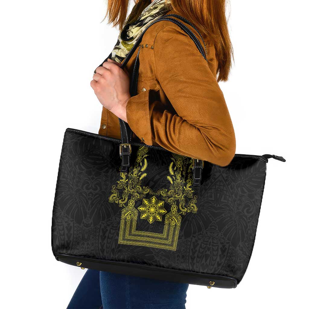 Philippines Barong Style Leather Tote Bag with Polynesian Art and Leaf Motif Black-Gold Color