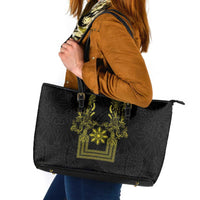 Philippines Barong Style Leather Tote Bag with Polynesian Art and Leaf Motif Black-Gold Color