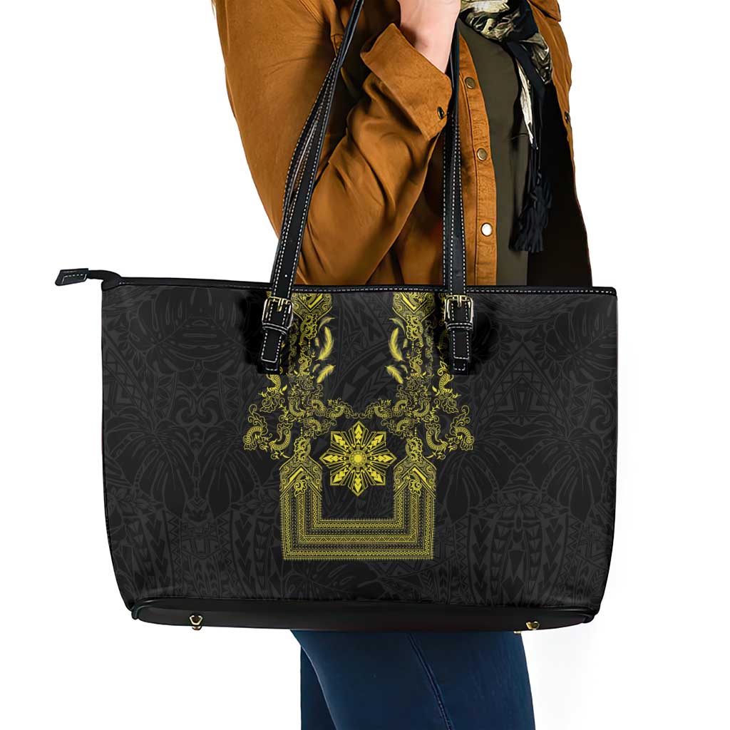 Philippines Barong Style Leather Tote Bag with Polynesian Art and Leaf Motif Black-Gold Color
