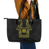 Philippines Barong Style Leather Tote Bag with Polynesian Art and Leaf Motif Black-Gold Color
