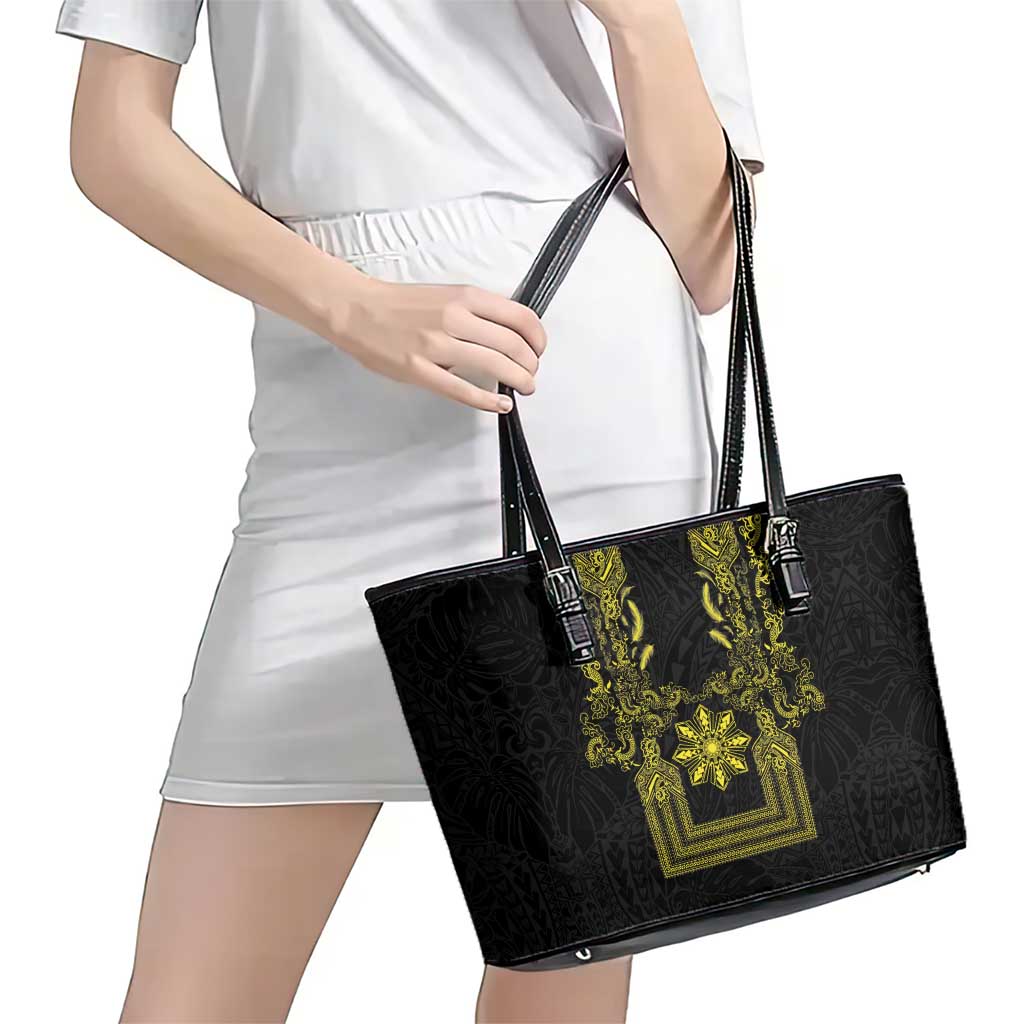 Philippines Barong Style Leather Tote Bag with Polynesian Art and Leaf Motif Black-Gold Color