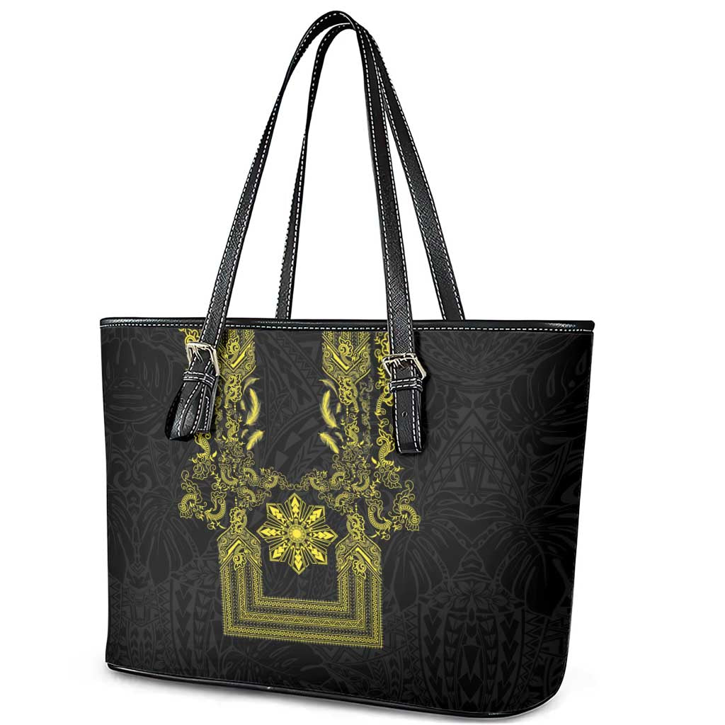 Philippines Barong Style Leather Tote Bag with Polynesian Art and Leaf Motif Black-Gold Color