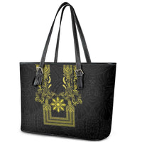 Philippines Barong Style Leather Tote Bag with Polynesian Art and Leaf Motif Black-Gold Color
