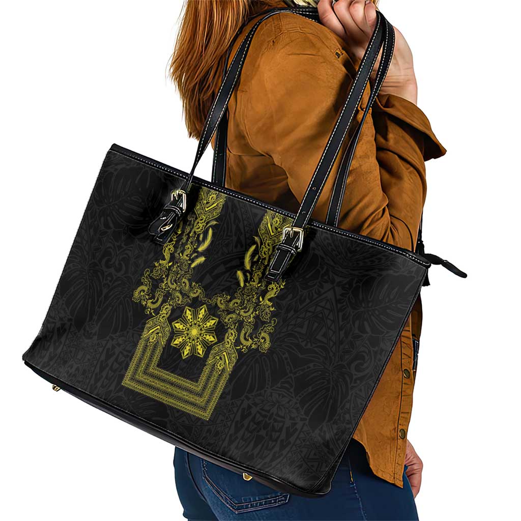 Philippines Barong Style Leather Tote Bag with Polynesian Art and Leaf Motif Black-Gold Color