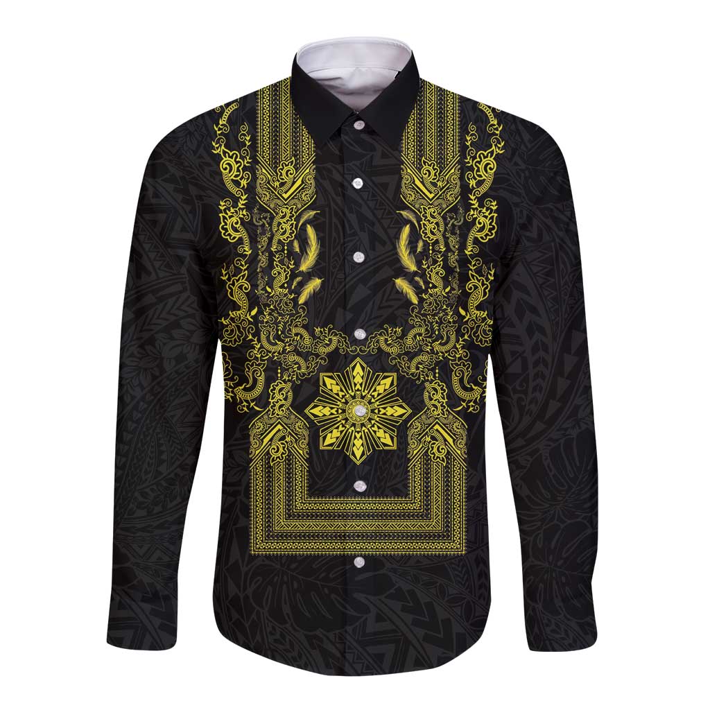 Philippines Barong Style Long Sleeve Button Shirt with Polynesian Art and Leaf Motif Black-Gold Color