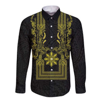 Philippines Barong Style Long Sleeve Button Shirt with Polynesian Art and Leaf Motif Black-Gold Color LT03 Unisex Black - Polynesian Pride