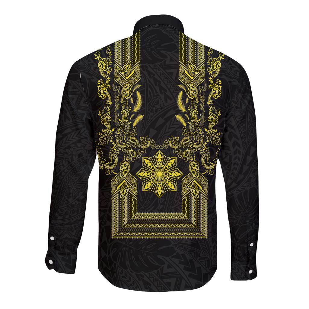 Philippines Barong Style Long Sleeve Button Shirt with Polynesian Art and Leaf Motif Black-Gold Color LT03 - Polynesian Pride