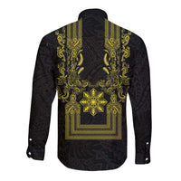 Philippines Barong Style Long Sleeve Button Shirt with Polynesian Art and Leaf Motif Black-Gold Color LT03 - Polynesian Pride