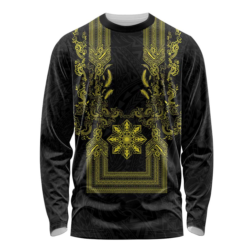 Philippines Barong Style Long Sleeve Shirt with Polynesian Art and Leaf Motif Black-Gold Color LT03 Unisex Black - Polynesian Pride