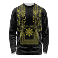 Philippines Barong Style Long Sleeve Shirt with Polynesian Art and Leaf Motif Black-Gold Color LT03 Unisex Black - Polynesian Pride