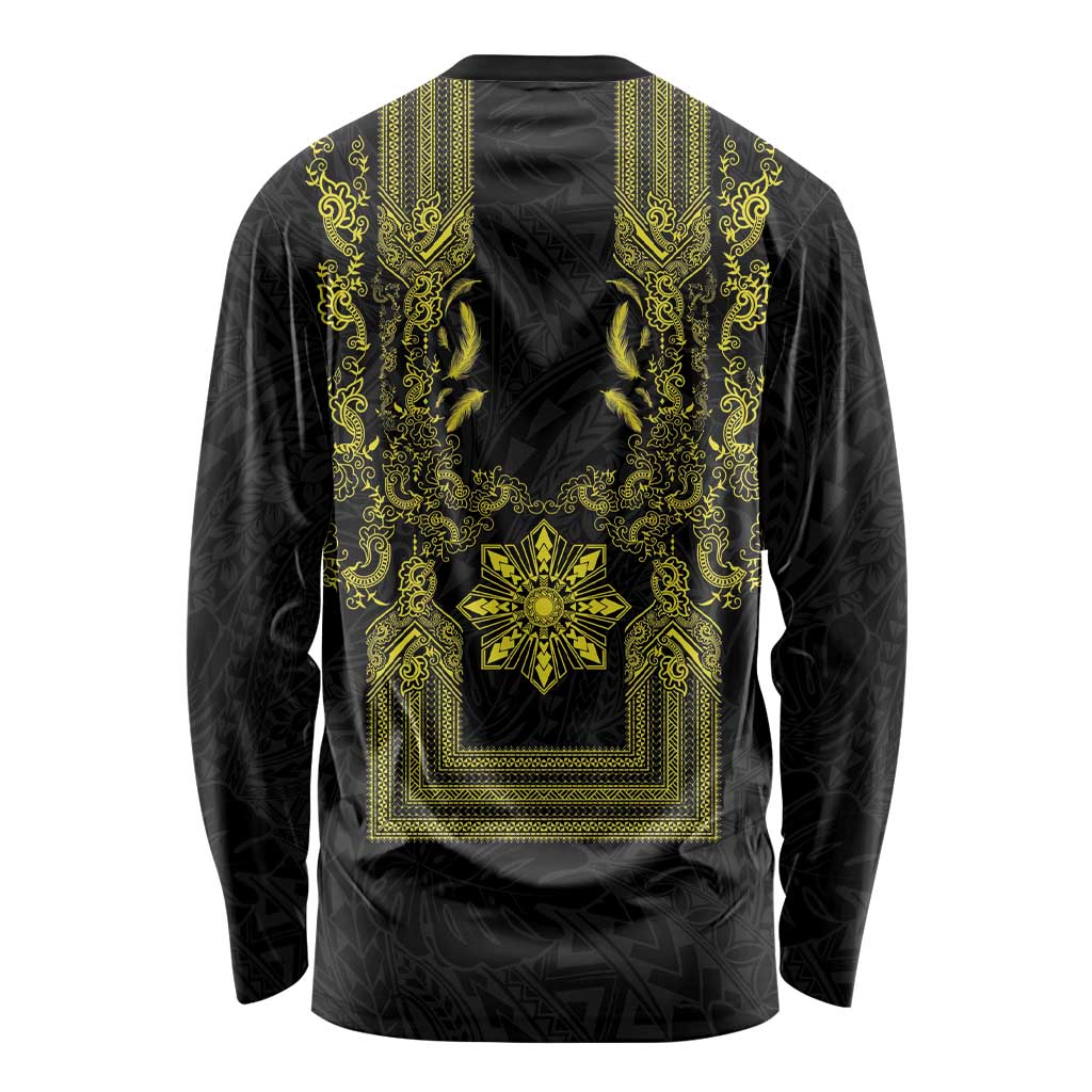 Philippines Barong Style Long Sleeve Shirt with Polynesian Art and Leaf Motif Black-Gold Color LT03 - Polynesian Pride