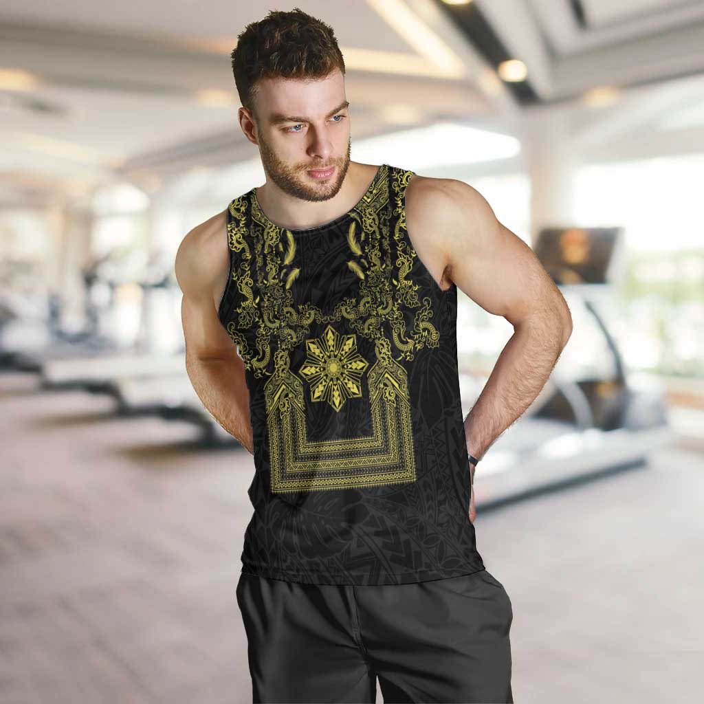 Philippines Barong Style Men Tank Top with Polynesian Art and Leaf Motif Black-Gold Color LT03 Black - Polynesian Pride