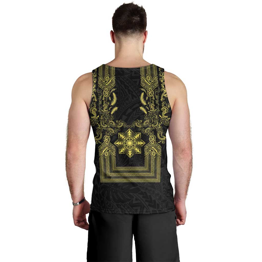 Philippines Barong Style Men Tank Top with Polynesian Art and Leaf Motif Black-Gold Color LT03 - Polynesian Pride