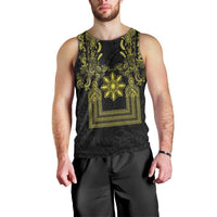 Philippines Barong Style Men Tank Top with Polynesian Art and Leaf Motif Black-Gold Color LT03 - Polynesian Pride
