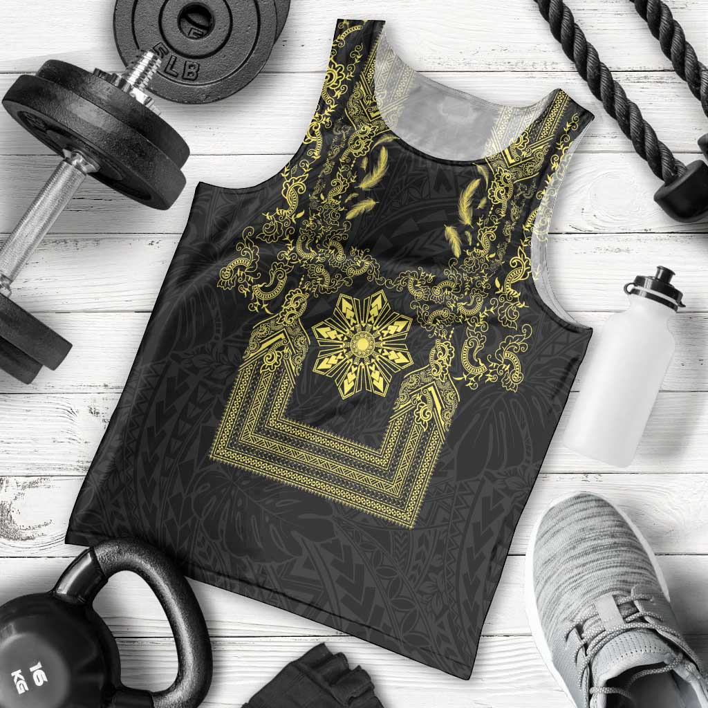 Philippines Barong Style Men Tank Top with Polynesian Art and Leaf Motif Black-Gold Color LT03 - Polynesian Pride