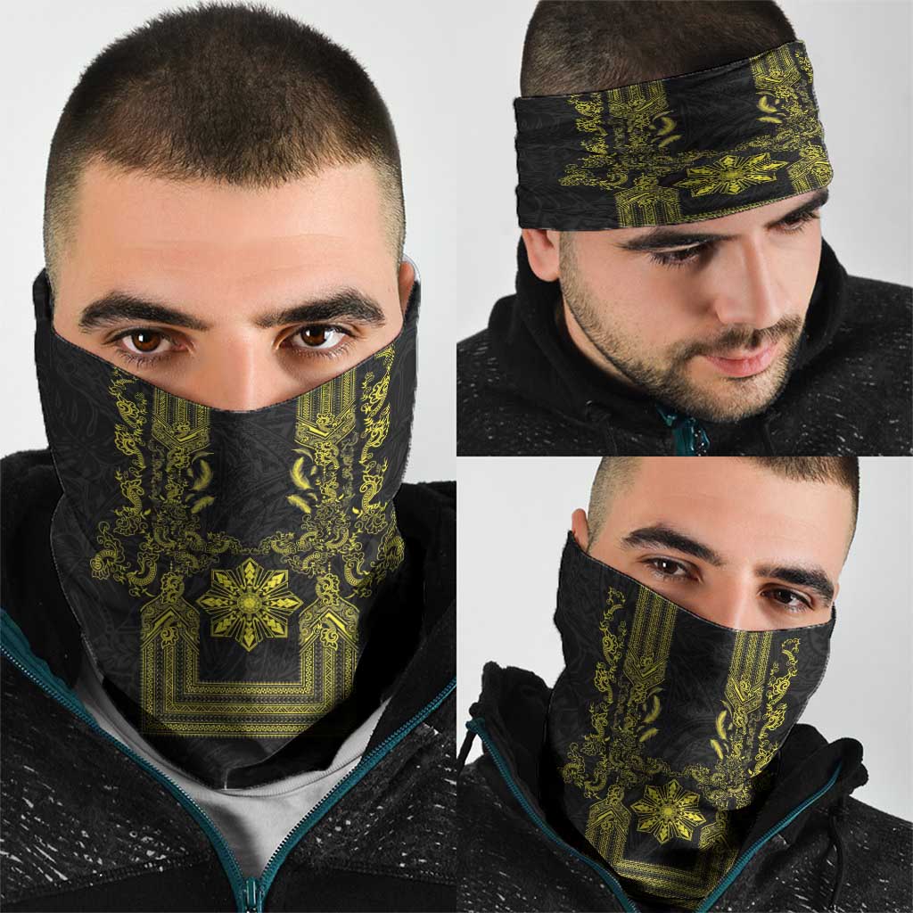 Philippines Barong Style Neck Gaiter with Polynesian Art and Leaf Motif Black-Gold Color LT03 - Polynesian Pride